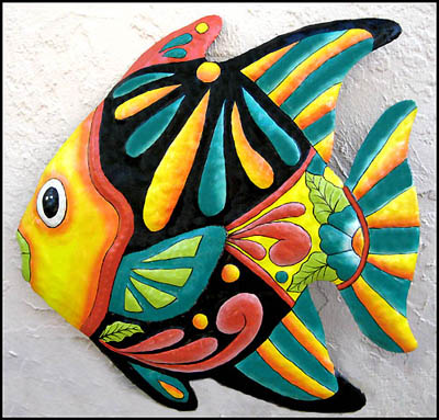 Tropical Fish Hand Painted Haitian Metal Outdoor Garden Wall Art - Yellow & Turquoise - 24' X 24" 